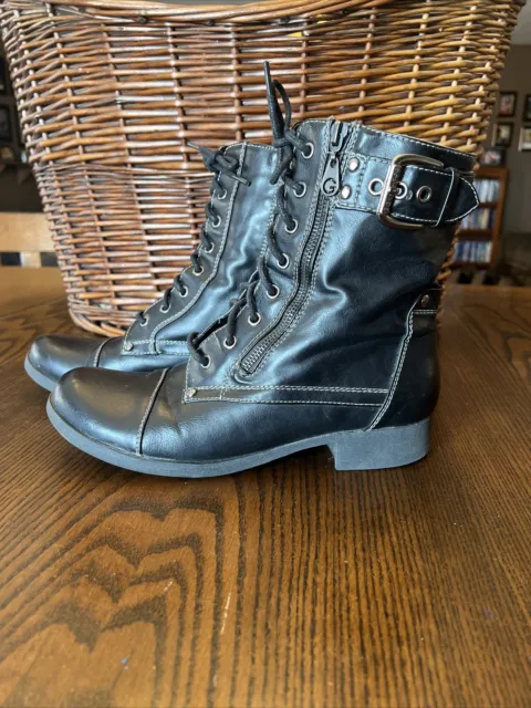 Vintage G By Guess Lace-Up Black Zippered Ankle Moto Boots Size 10 Faux Leather