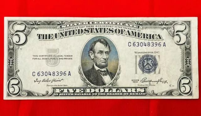 1953 SILVER CERTIFICATE $5 Five Dollar Bill Blue Seal & Serial C63048396A Money