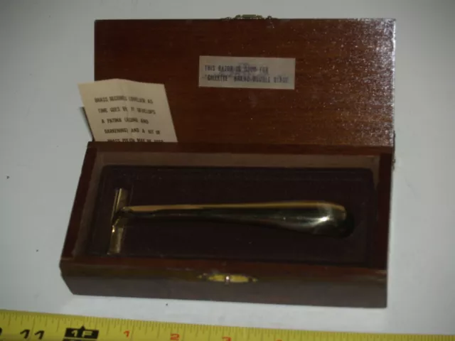 Vintage Heavy Brass Gold Toned Razor in Wood Box - fits Gillette Twin Blade