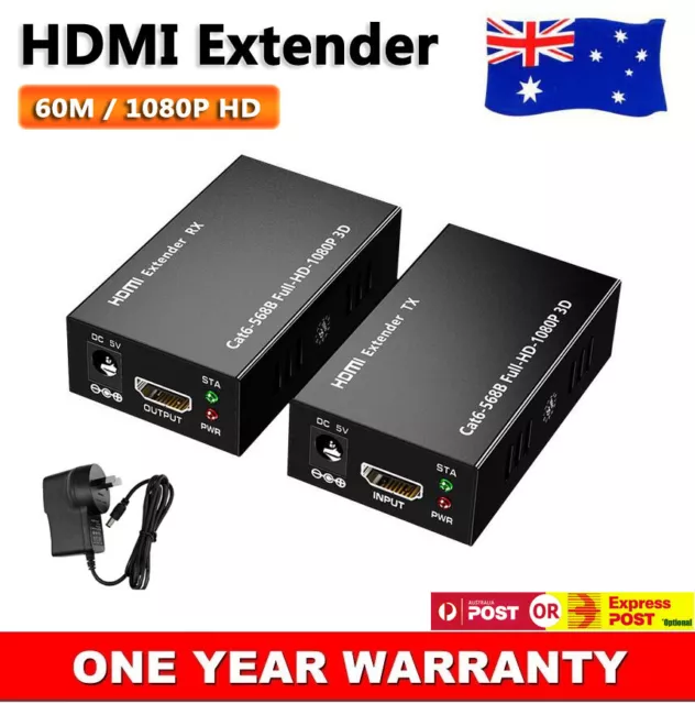 HDMI Extender Over Single RJ45 Cat5e Cat6 Ethernet Cable 60M 1080P HD 3D HDCP AU