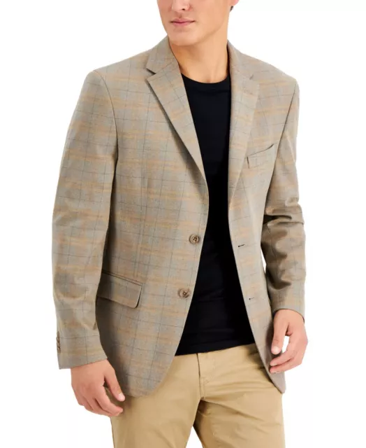 Tommy Hilfiger Mens Modern-Fit Windowpane Plaid Suit Jacket Tan Grey 38R NWT