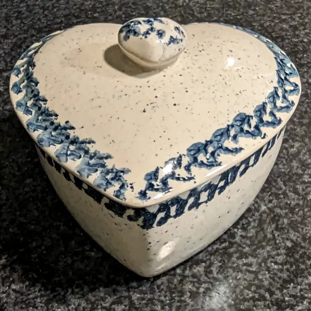 Vintage Ceramic Spongeware Heart Shaped Cream & Blue Trinket Dish