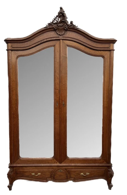 Antique French Louis XV oak mirrored armoire/wardrobe with drawer