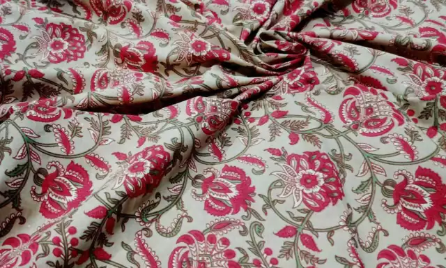2.7m Indien Main Bloc Beige Imprimé Floral Tissu Coton Couture Matériel Loisirs