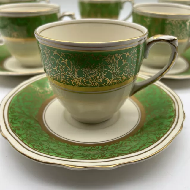 Vintage Cups & Saucers Grindley Creampetal Warwick Green Gold  X6
