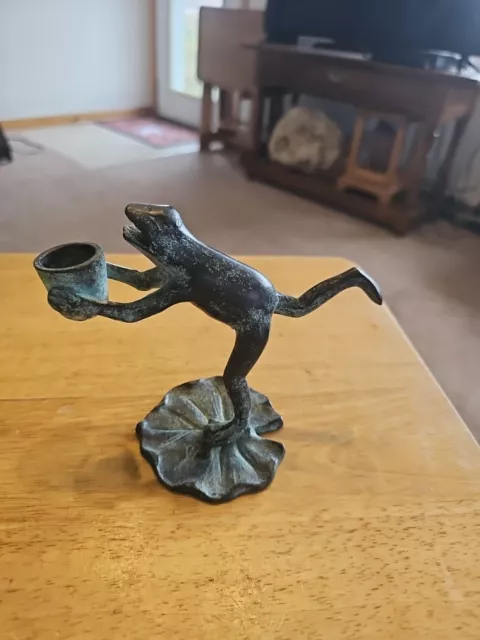 Vtg Whimsical Dancing Frog on Lily Pad Candle Holder Metal Green Patina 4.5" T.