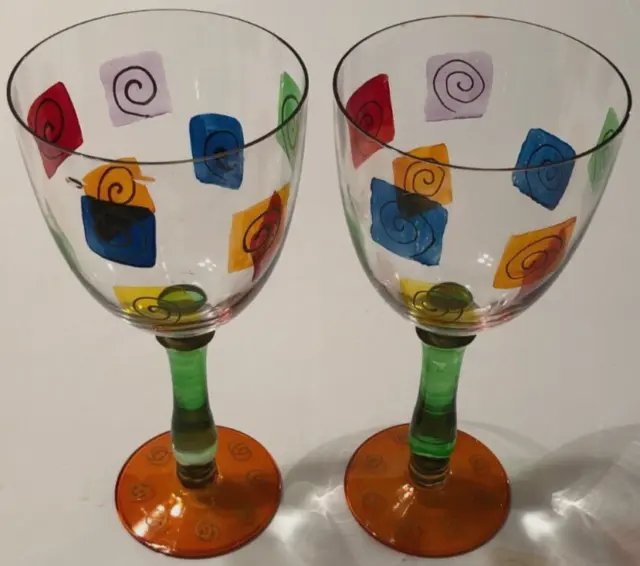 ROYAL DANUBE Set 2 Wine Water Goblets Glass Romania Vintage Hand Painted Retro C