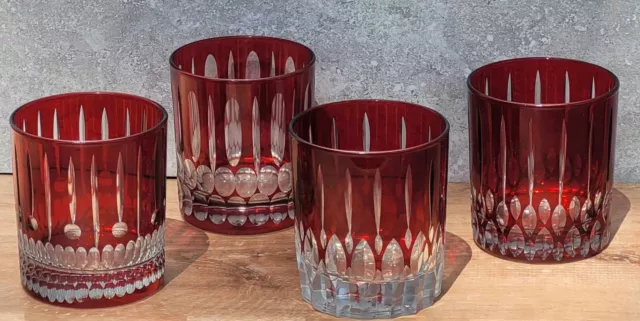 Set 4 Ajka Bohemian Crystal Ruby Red Cut to Clear Whiskey Rock Manhattan Glasses