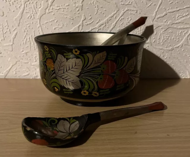 Vintage Khokhloma Russian Wooden Bowl And Spoons Hand Decorated Lacquerware USSR