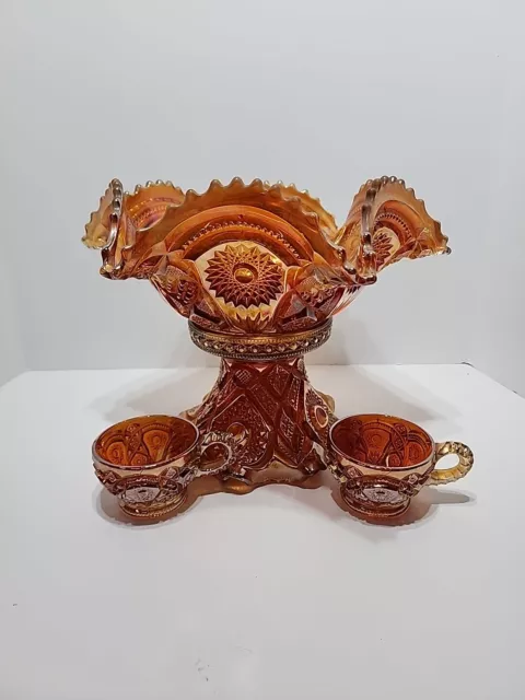 VTG Imperial Hobstar & Arches Ruffled Marigold Carnival Glass Punch Bowl 2 Cups