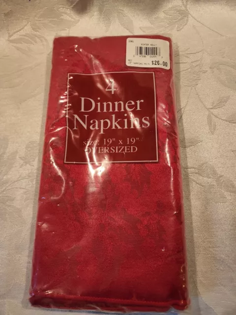 Winter Holly Bardwil Linens Set 4 Red Dinner Napkins Oversized 19"x19" Christmas