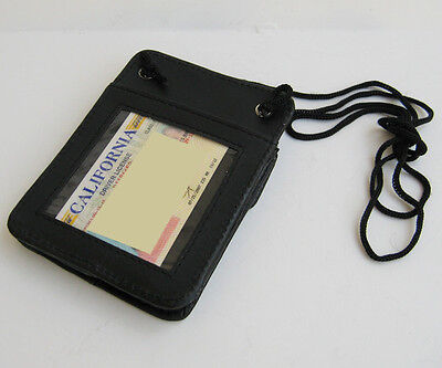 Black Leather ID Badge Card Holder Wallet Neck Strap Travel Work Lanyard 3
