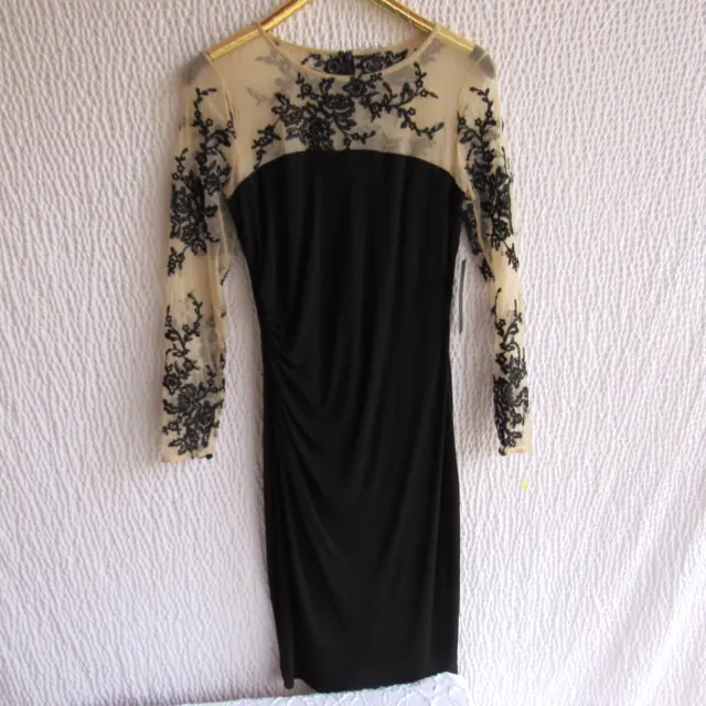 David Meister Dress 10 Black Nude Tan Embroidered Evening Long Sleeve