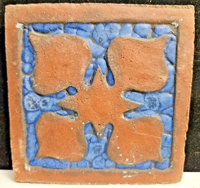 Vintage Grueby Pottery Early 1900s 4" by 4" Red Clay on Blue Glaze Tile