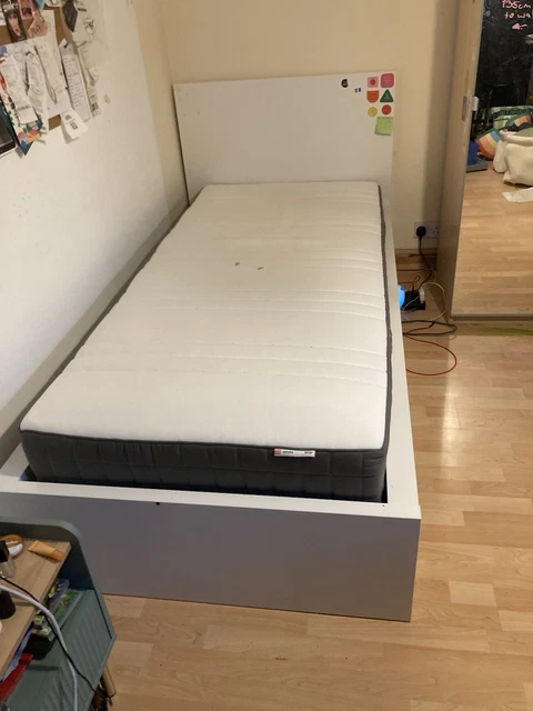 IKEA MALM WHITE Single Bed Frame with 2 Drawers and Hovag Mattress £31. ...