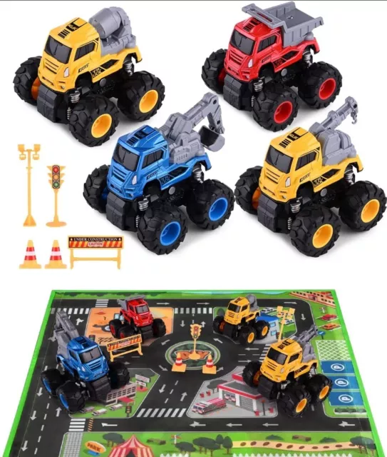 Large Construction Toy 4 Trucks Set with Play Mat, Alloy Friction Powered Cars