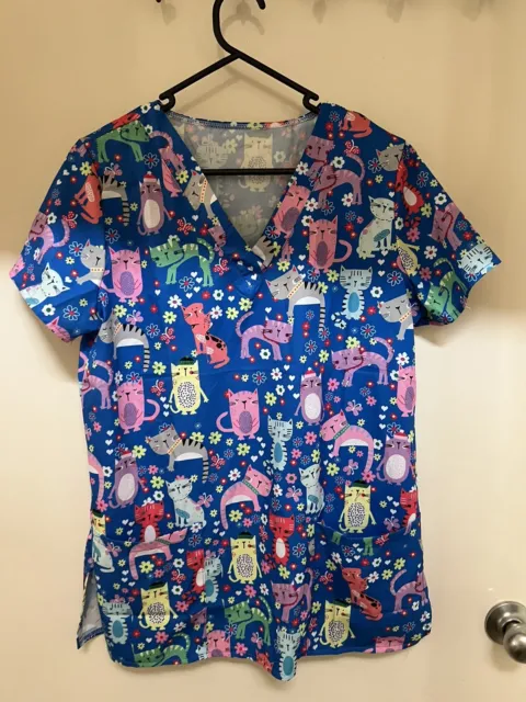 Colourful Cats Print Nursing Scrubs Top-Workwear-Cute-Comfy-pockets-size M