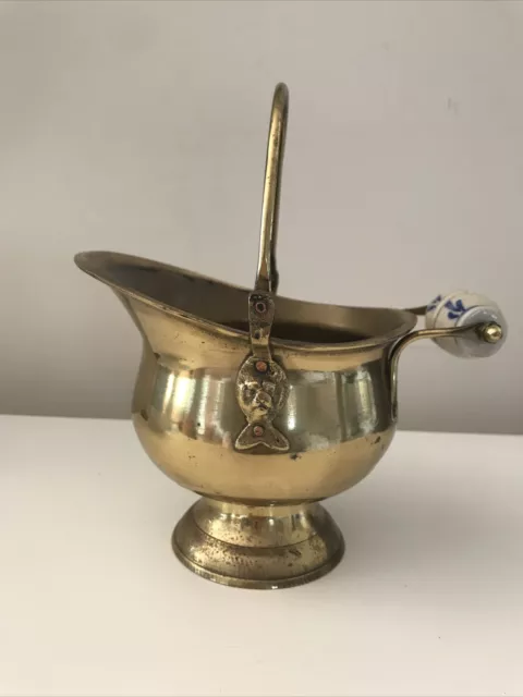 Vintage Brass & Copper Coal Scuttle Bucket with Delft Porcelain & swing handle