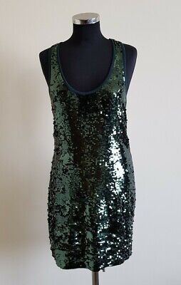 Ladies Dark Green Khaki Sequin Tank Top Style Dress Sz 12 L'Art By River Island