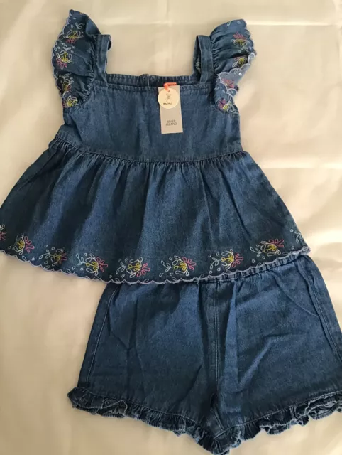 River island mini girls aged 3-4 years frilly embroidery denim two piece set BN