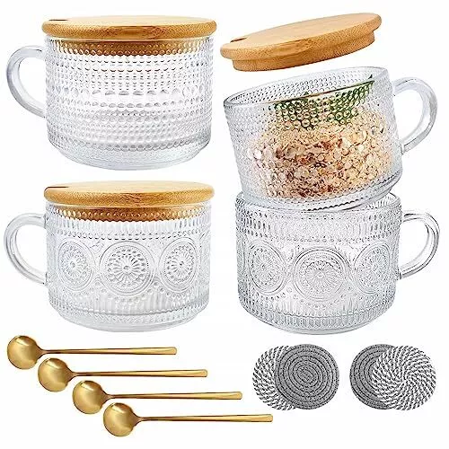 Vintage Coffee Glass Mugs Set of 4, 14oz Overnight Oats Containers with Bambo...