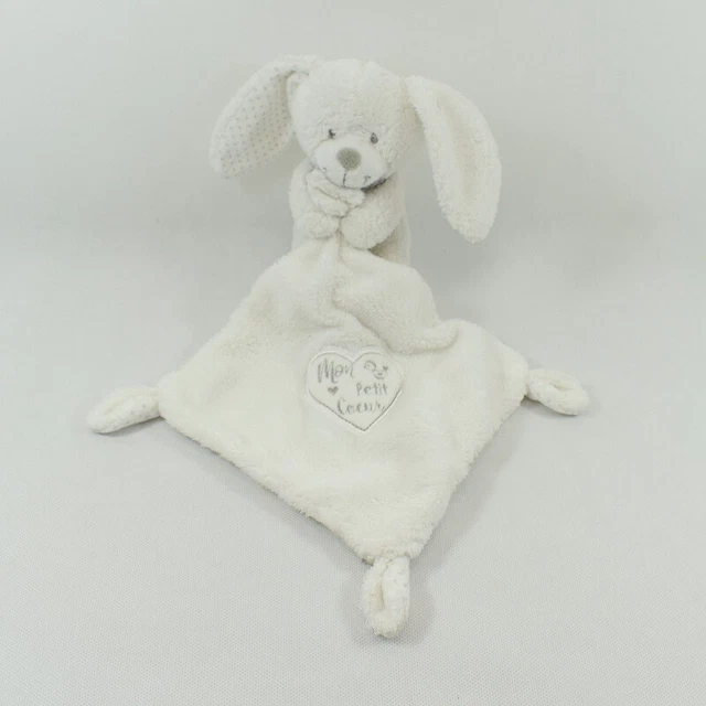 Doudou mouchoir lapin POMMETTE blanc brodé "Mon petit coeur" (MO6630)
