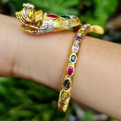 Naga Bracelet 9 Gems Brass Gold Micron Plated Talisman Jewelry Buddha Amulet