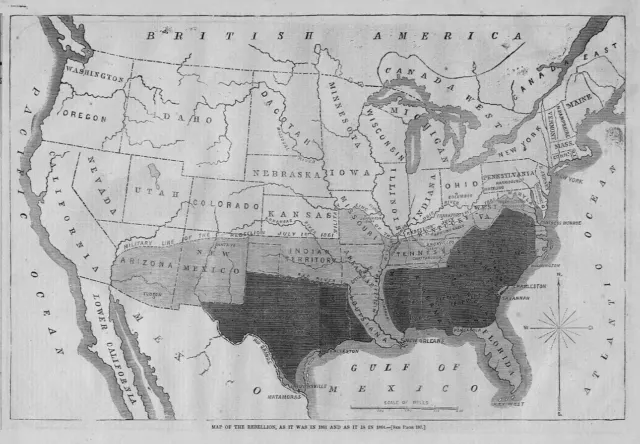 Civil War 1864 United States Map Of The Rebellion, Military Line North And South