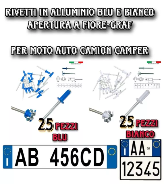 50 RIVETTO RIVETTI A, FIORE TARGA, AUTO MOTO 4,8x12 COLORI BIANCHI 25 E BLU 25