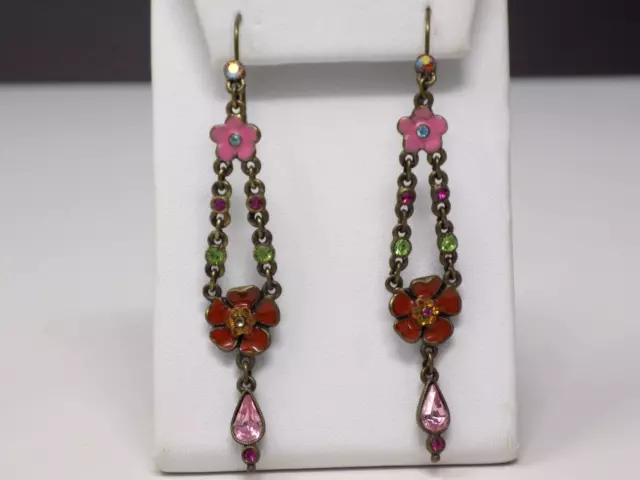 STUNNING!  Ben-Amun Enamel Flowers Chandelier Earrings AB Crystals Floral
