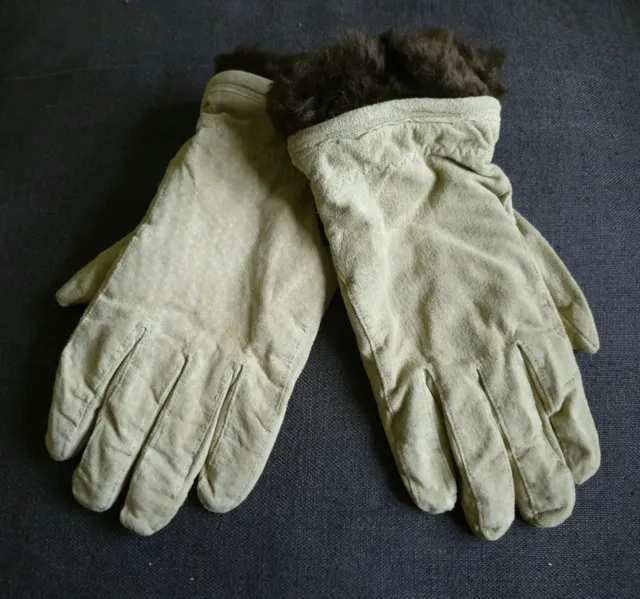 Dark cream beige Thermolite genuine suede leather fur lined gloves ML G COND