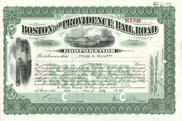 Boston and Providence Railroad Corp. - Stock Certificate - Railroad Stocks