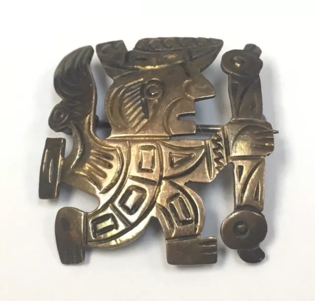 Vintage Sterling Silver Aztec Warrior Pin Brooch Mexican Mayan Incan