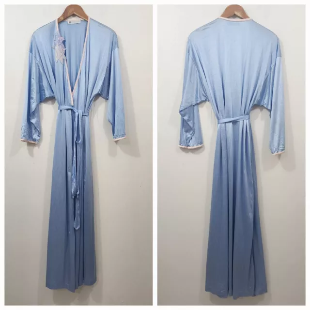 VINTAGE VANDEMERE FLORAL Satin Robe Blue Belted Long Sleeve Made in USA ...