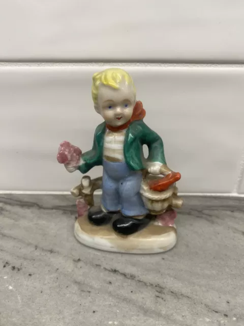 Vintage Porcelain Figurine Boy With Flowers Made In Occupied Japan