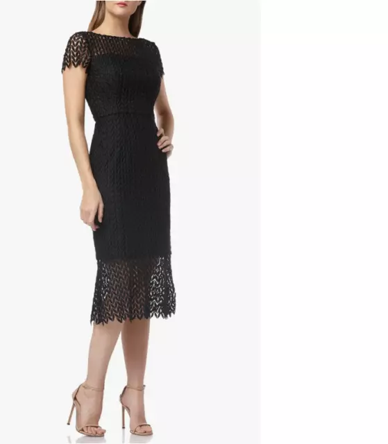 Kay Unger Tatum Dress size 4 Black Lace Midi Length Sheath Flounce Hem Evening