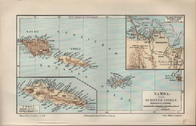 Landkarte map 1897: SAMOA- oder Schiffer-Inseln. Massstab: 1 : 1.750.000