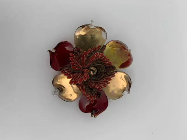 Broche Fantaisie Fleur Verre Doree Rouge Cuir Marron 13 Grammes 10 W820