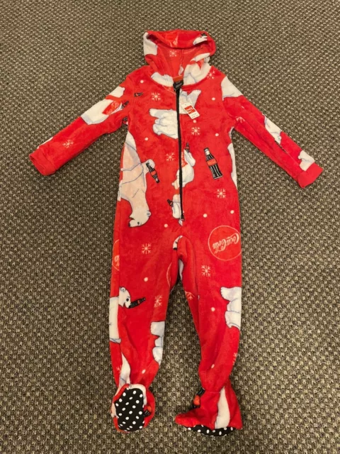 Coca-Cola Coke Fleece Toddler One Piece Pajamas With Hood XS 4/5 New With Tags