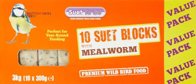 Suet To Go Mealworm Suet Block Wild Bird Treat 10 x 300 g Free &Fest Shipping