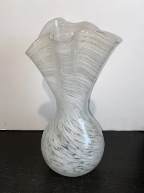 Vtg Large art glass vase clear And white swirl Spatter ruffle top 13.5” Tall EUC