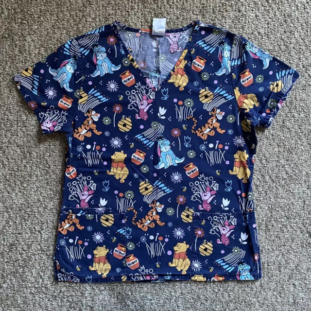 Disney Scrub Top Winnie the Pooh Womens Small S Blue Short Sleeve V Neck AOP