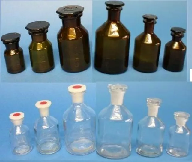 Steilbrustflasche, Apothekerflasche Enghals / Weithals, Glasstopfen / PE-Stopfen