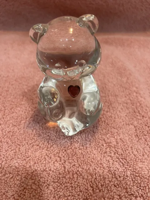 FENTON Clear Glass Teddy Bear w/ Purple Heart Figurine Paperweight