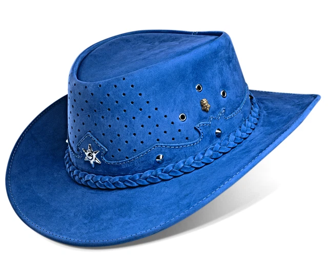 Chapeau de Cowboy Style Australien en Cuir Bleu pour Homme et Femme...