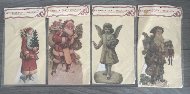 4 Vintage NOS Victorian Die Cut Ornament Easel Back Christmas Santa Angel