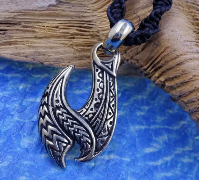 Unique Fish Hook Pendant Macrame Necklace Hei Matau Hand 1.75" Tall
