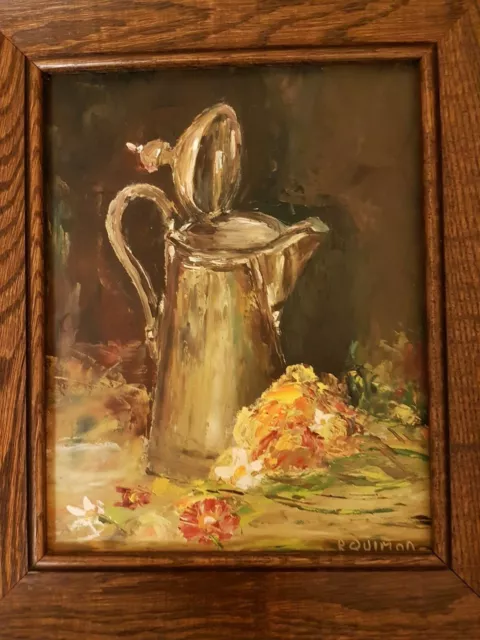 Coffee Pot Oil Painting Original Still Life Pink Flowers Oak Frame Signed Quimon 3