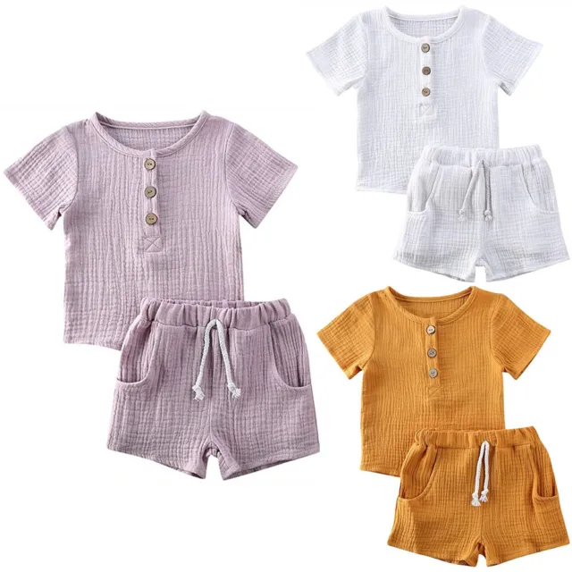 Baby Kids Boys Girls Short Sleeve Cotton Linen Elastic T-Shirt Tops+Shorts Set