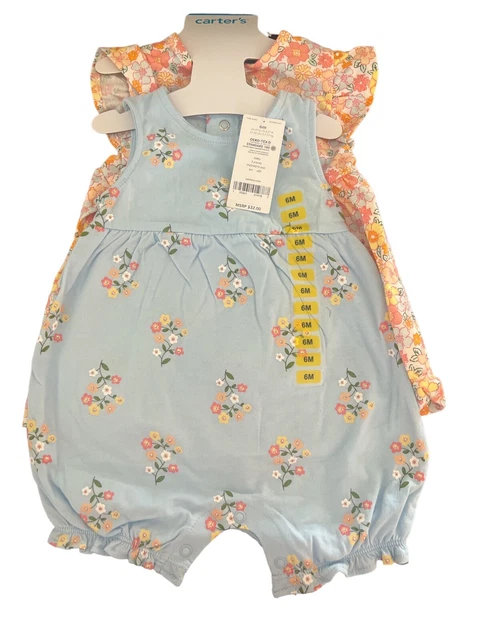 Carters Baby Girl 3 Pc Set Blue Floral Romper Sun Dress Bloomers Sz 6m NWT